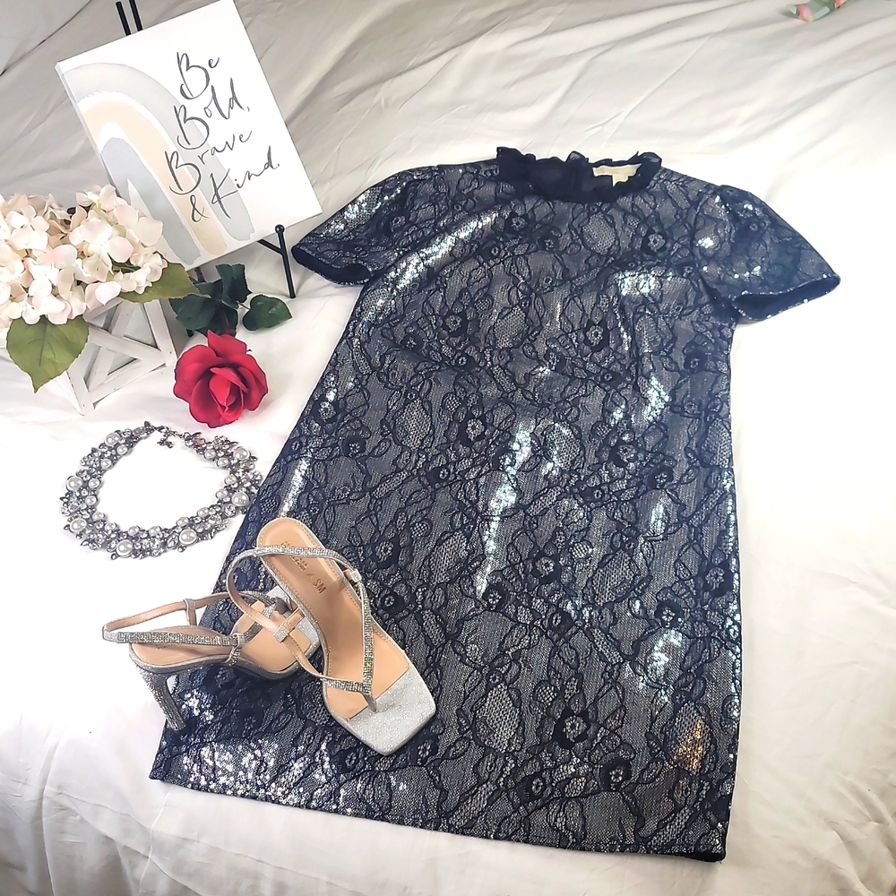 Michael Kors Ruffled collar Shift dress lace with sequin embellishments dress